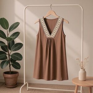 Luxology Sleeveless Taupe Lined Summer Shift Dress Embroidery and Sequins Trim S